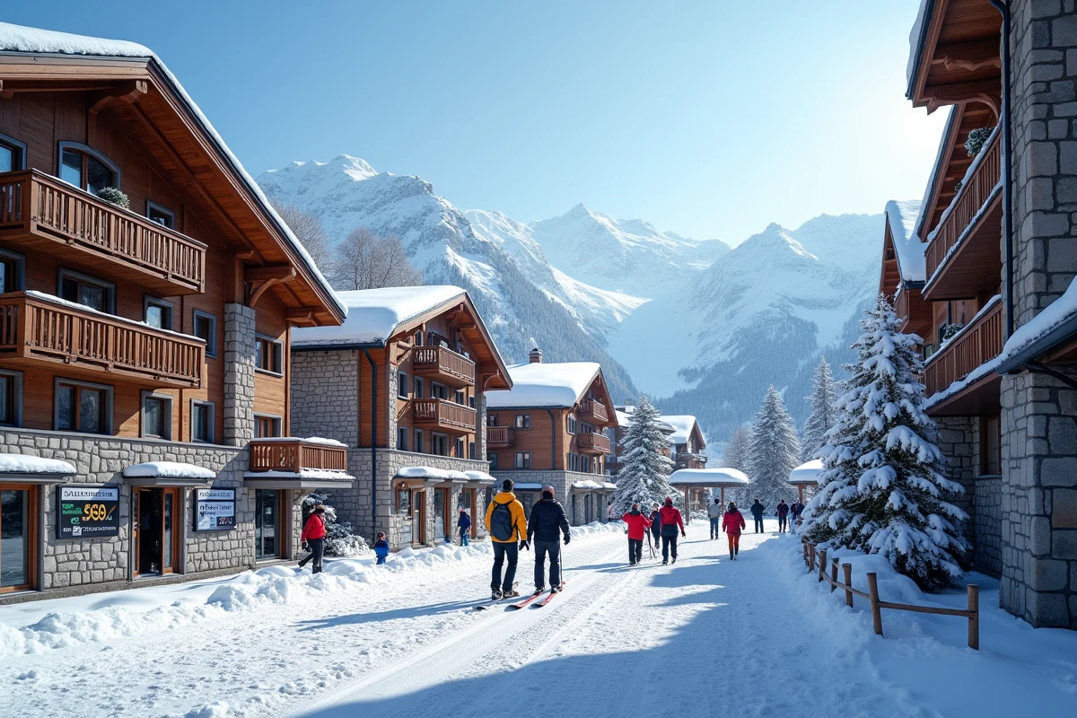 Village de l'Alpe d'Huez avec affichage des prix de forfaits ski tout compris et à la carte en station