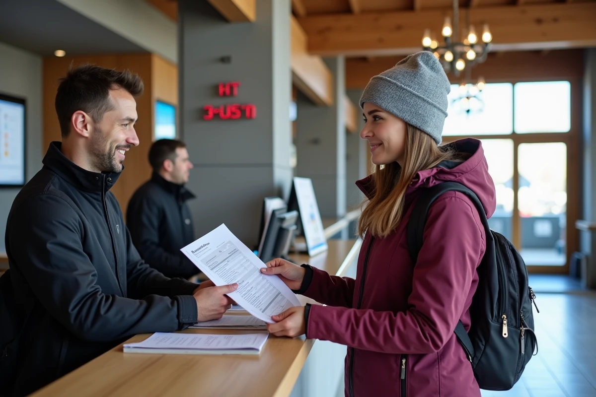 Voyageuse à la réception d'un hôtel de l'Alpe d'Huez lors d'une réservation de séjour ski à la carte