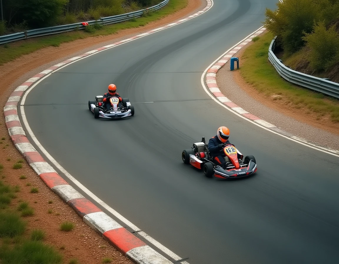 Vue plongeante sur un virage de circuit karting avec deux karts en pleine course