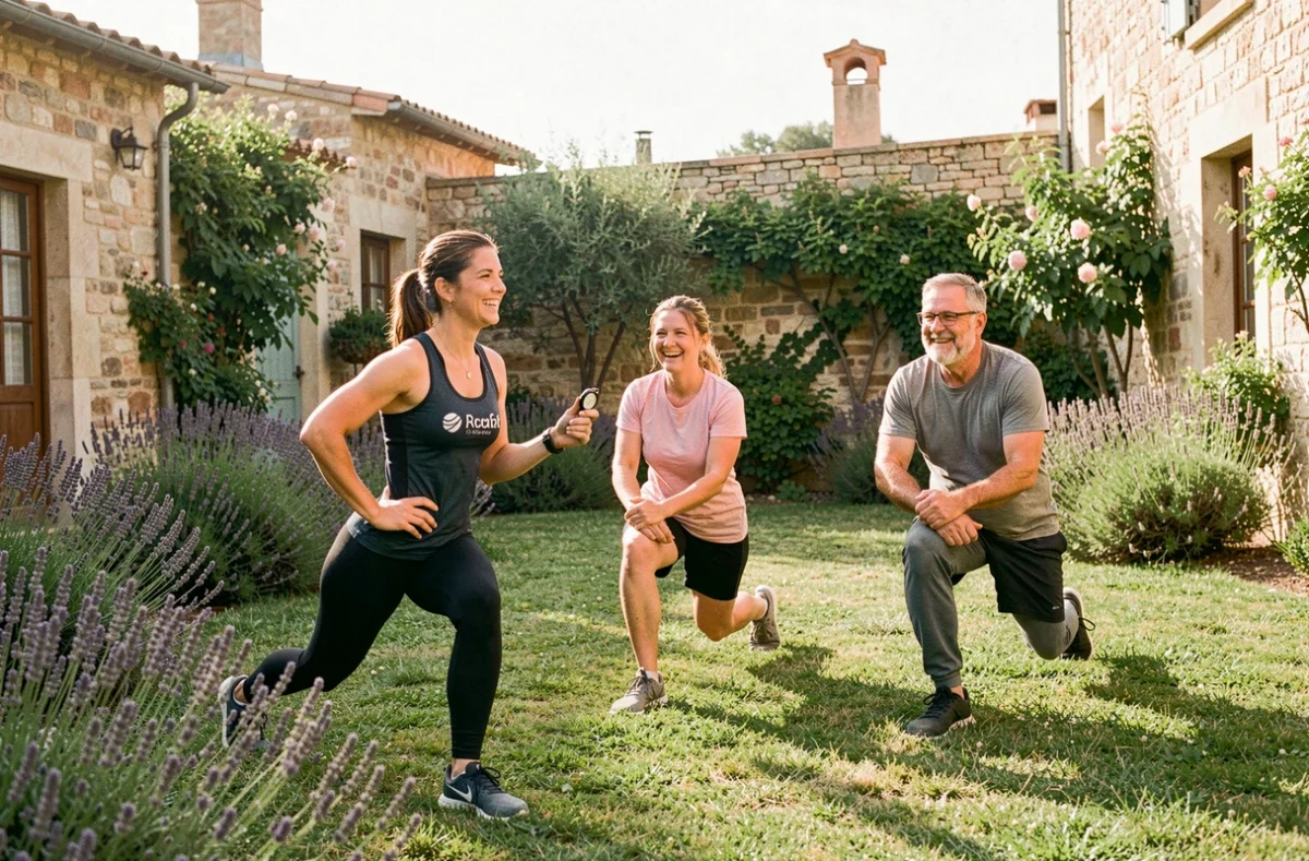 Coach Wecasa Sport animant une séance de sport collectif à domicile dans un jardin en Occitanie avec un groupe de participants adultes