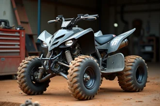 Yamaha Raptor 700 préparé pour le cross avec pièces aftermarket, sabot moteur et pot d'échappement sport dans un stand de motocross poussiéreux